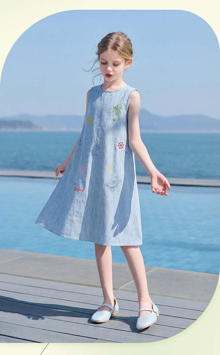 CHANZUIGOU Girls' Tencel Linen Denim Dress 2026 Summer New Elegant Printed Sleeveless Dress 3